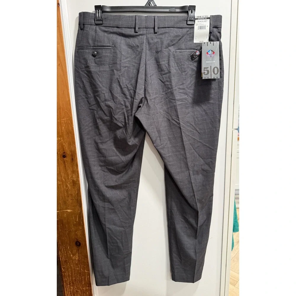 Haggar Pro Football Hall of Fame Mens Athletic Fit Suit Pants Grey Plaid 38x32
